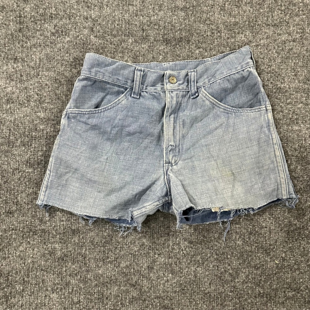 Roebucks Denim Shorts Mens Size 28 Blue Vintage Cut Off Raw Hem Light Wash Stain